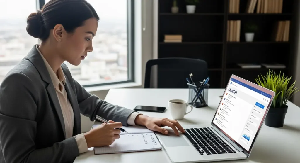 How to Use ChatGPT to Write Better Business Emails in Minutes 3 A businesswoman writing ChatGPT prompts