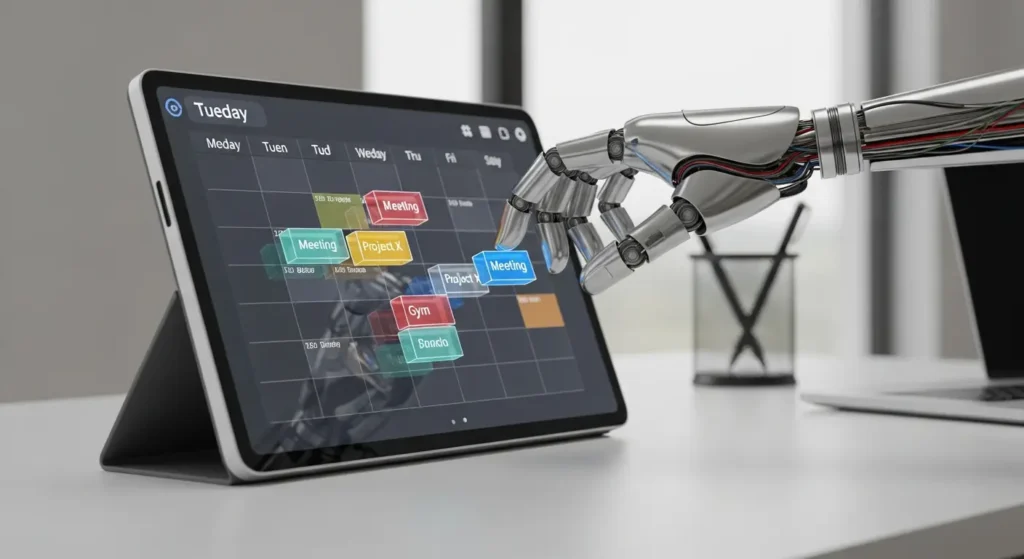 How AI Scheduling Assistants Can Save You 10 Hours Per Week 5 A calendar with an AI robotic hand