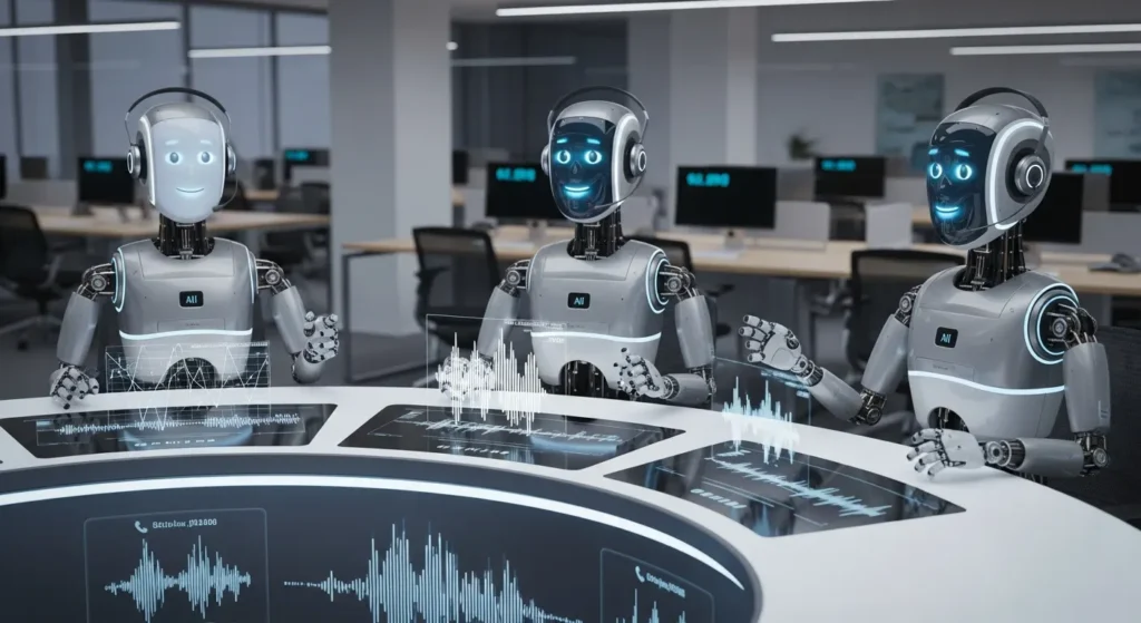 AI Customer Support: How Small Businesses Can Compete with Big Companies 2 A few AI customer support robots sitting behind a desk helping callers