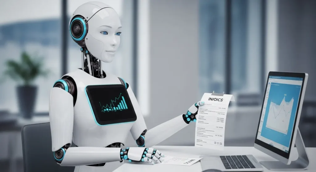 Complete Guide to AI-Powered Invoice Management for Small Businesses 3 AI robot handling invoices