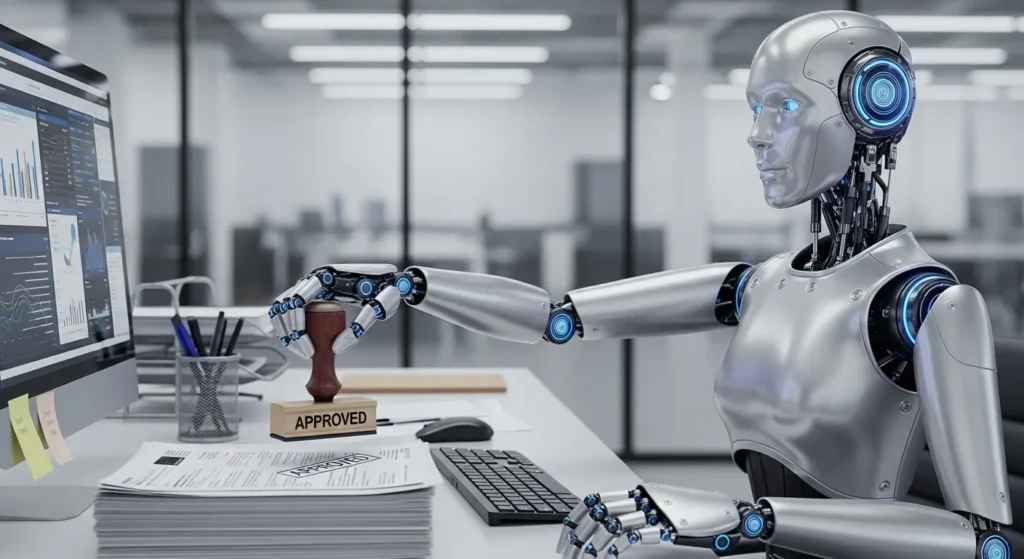 Complete Guide to AI-Powered Invoice Management for Small Businesses 5 AI robot stamps approval sign on invoice papers