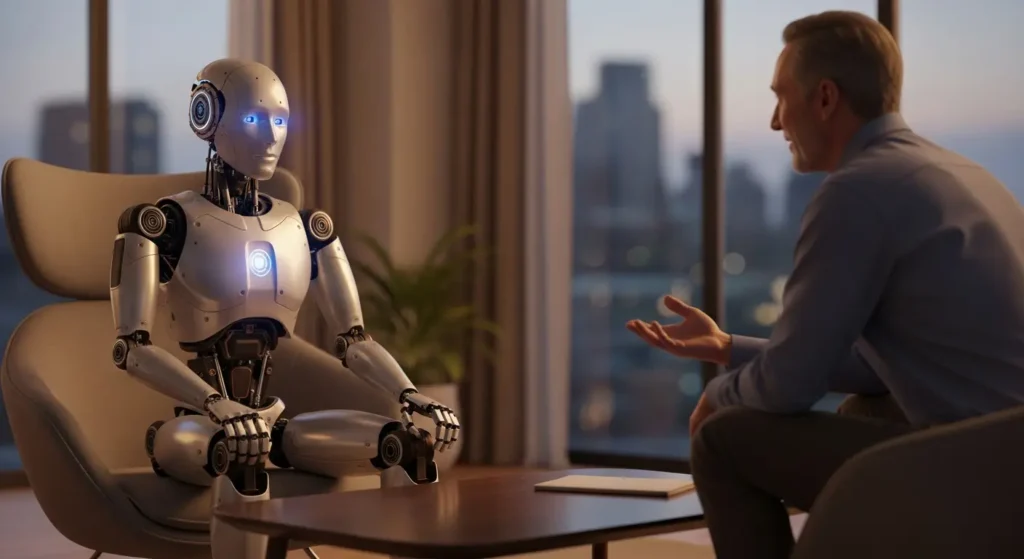 How AI Scheduling Assistants Can Save You 10 Hours Per Week 7 An AI robot sits in front of a human