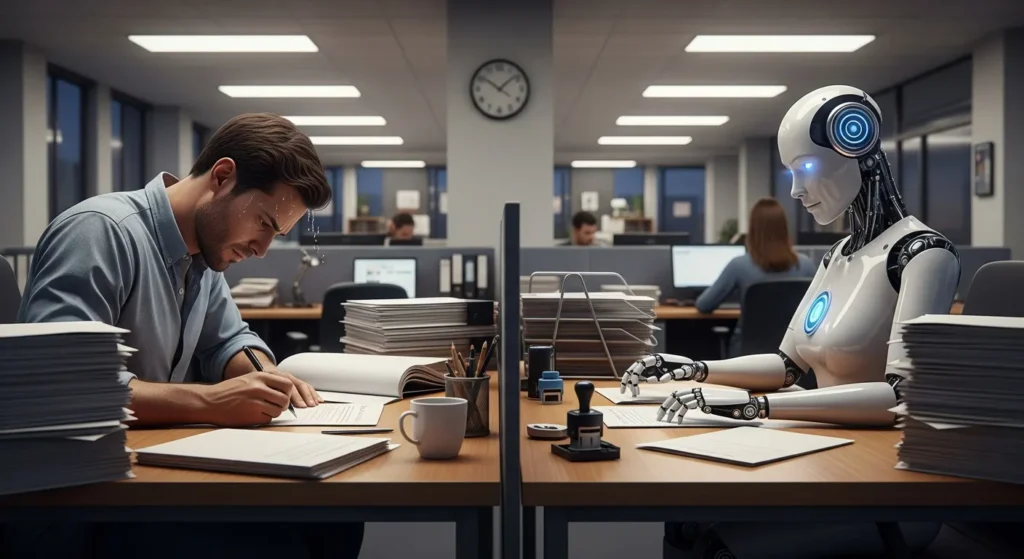 How to Use ChatGPT to Write Better Business Emails in Minutes 5 Human vs AI robot doing paperwork in an office