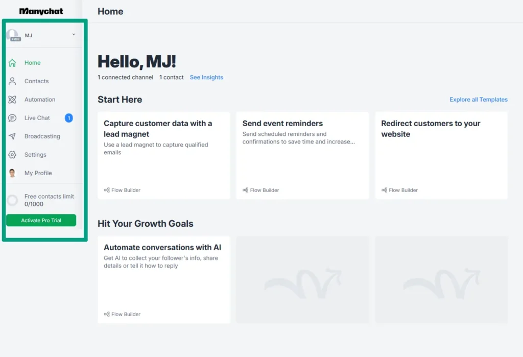 Setting Up Your First AI Chatbot: Step-by-Step Tutorial (No Coding) 8 ManyChat dashboard