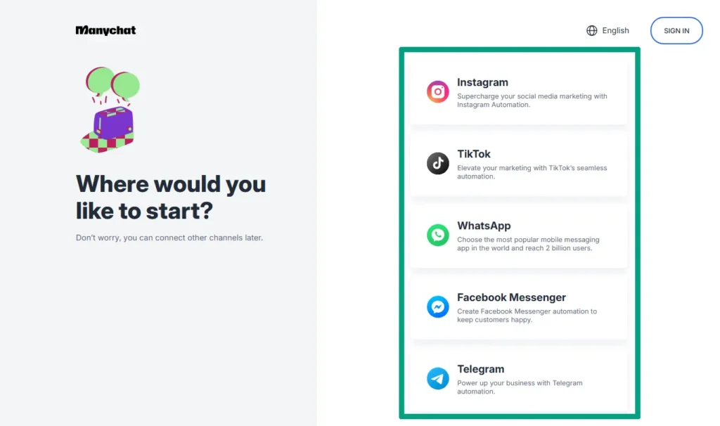 ManyChat sign up page