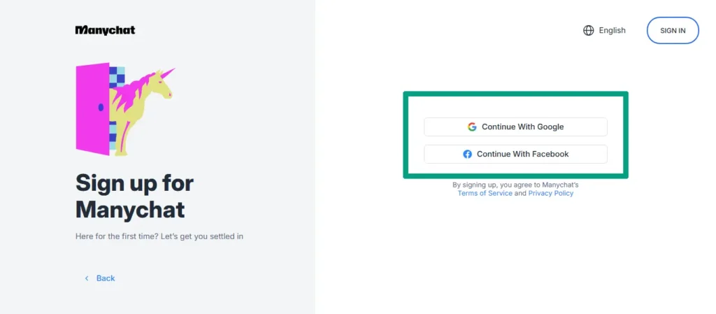 ManyChat sign up page 2