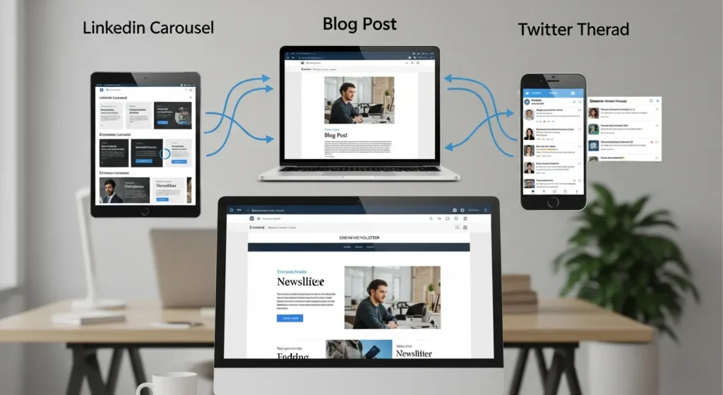 A blog post converting to a LinkedIn carousel and Twitter thread and Email newsletter