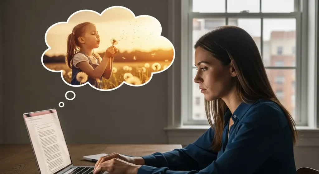 A female types something on a computer while thinking of her past memory