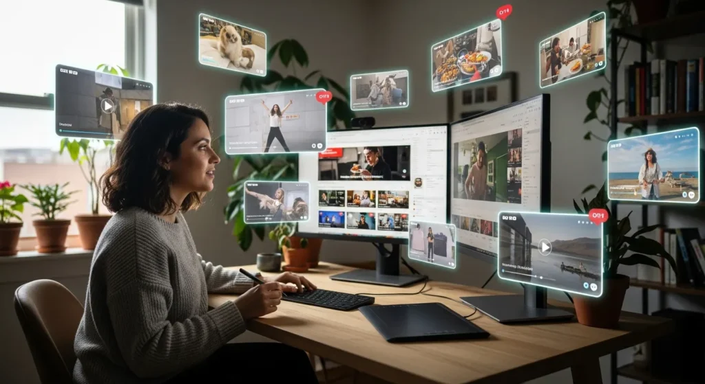 A lady sitting in her home office surrounded by a lot of videos on social media