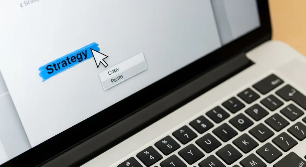How to Use AI for Competitive Analysis and Stay Ahead of Rivals 6 A laptop with a highlighted word Strategy and copy paste context menu