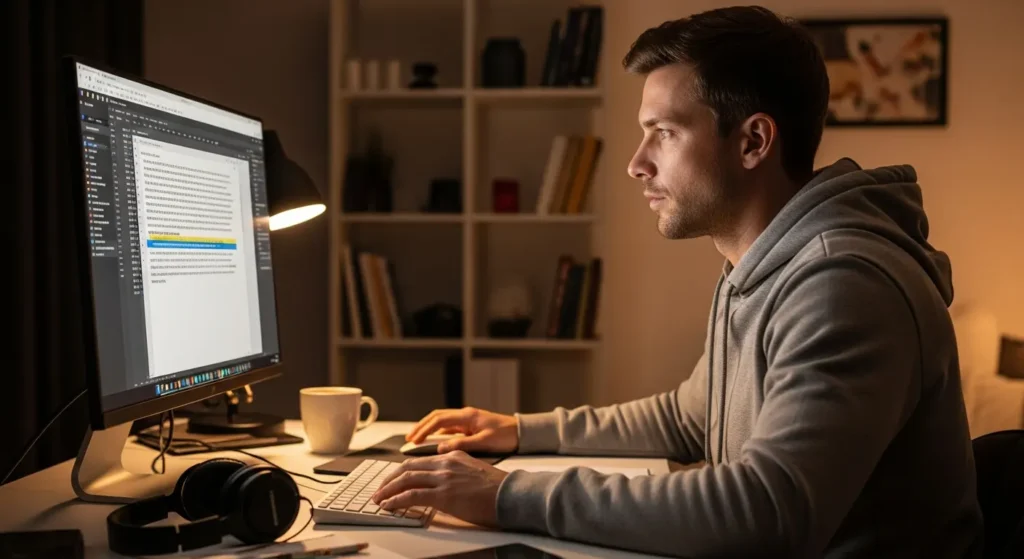 How to Use AI for Content Creation: A Complete Beginner's Guide 9 A male content creator editing a text on computer