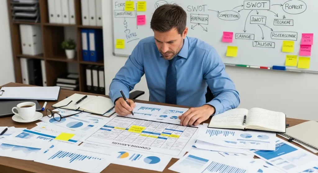 How to Use AI for Competitive Analysis and Stay Ahead of Rivals 3 A male manager doing competitive research the traditional way