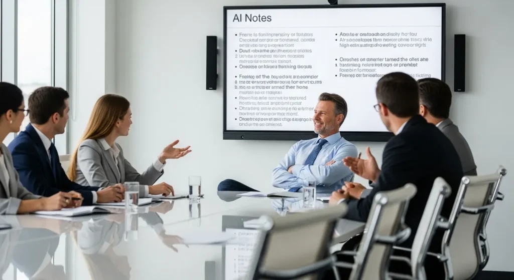 A male manager relaxes in a meeting room since AI is taking notes