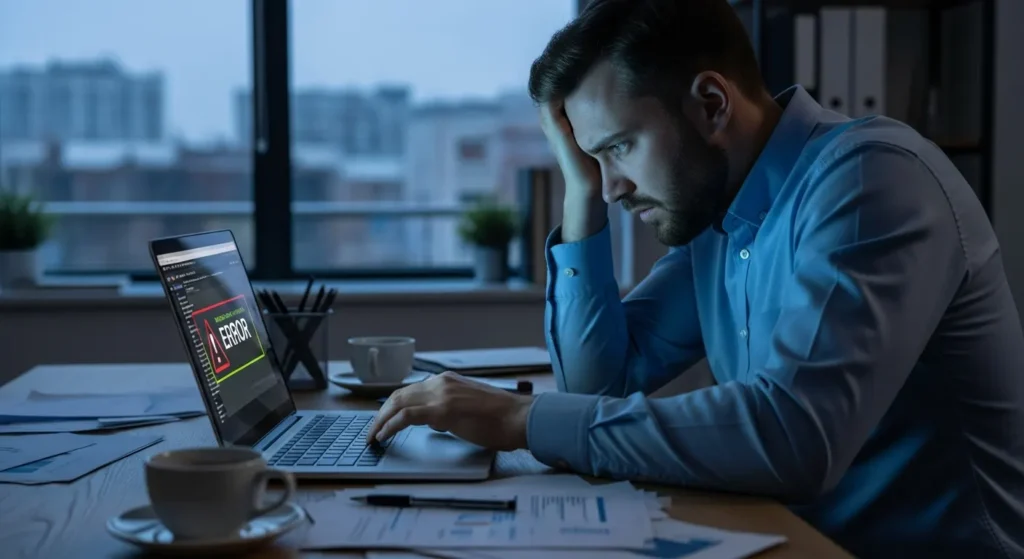 A person frustrated behind a laptop in his work office
