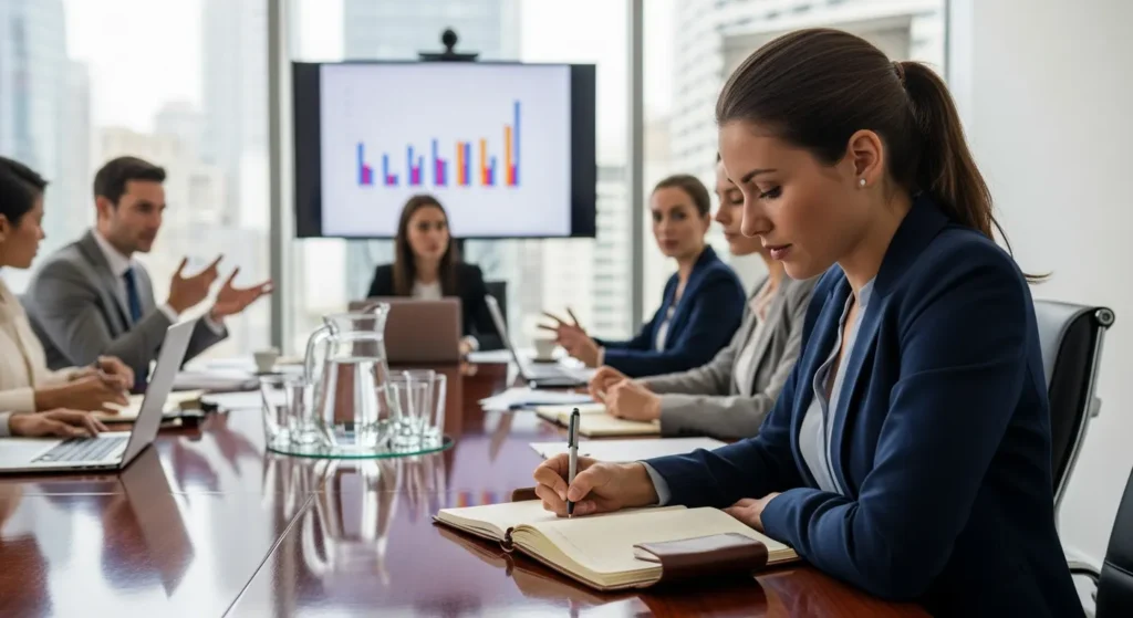 A person taking notes on paper in a meeting room