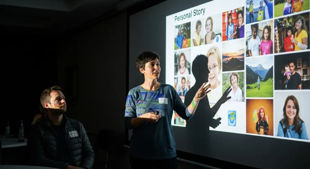 A person telling her personal story via a video projection