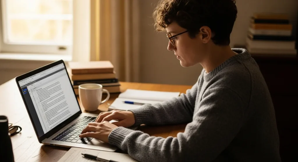 A person writing articles the traditional way