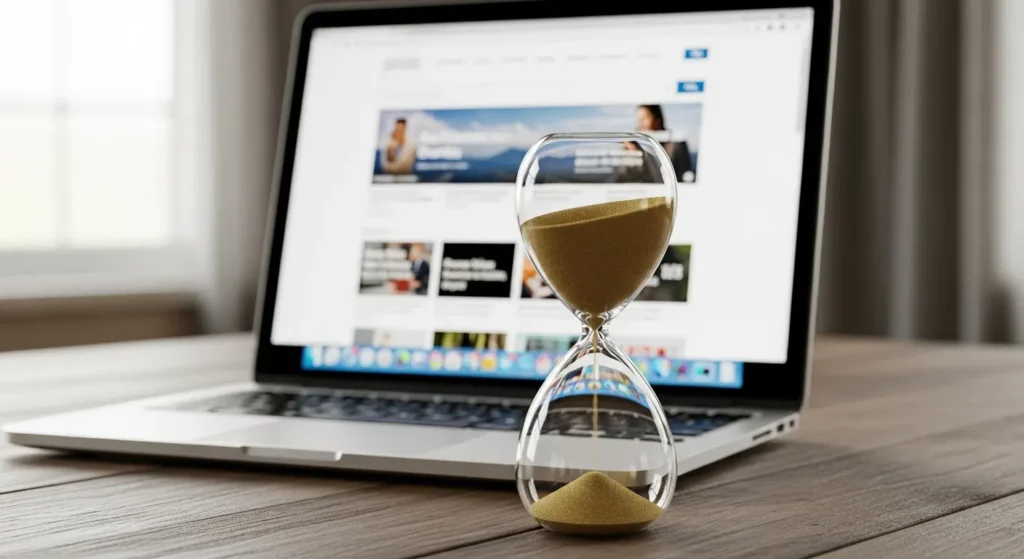 A sand clock shows that a lot of time remains in front of a laptop which shows a webpage on the screen