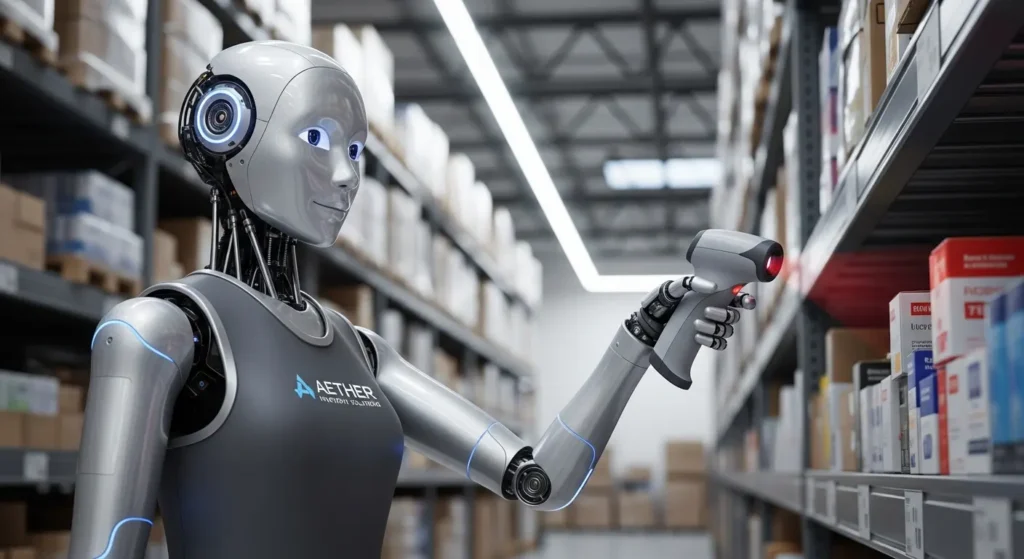 How Small Businesses Can Use AI for Inventory Management 4 AI robot doing inventory management