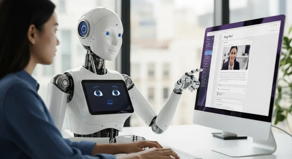 An AI robot helps a human writes content