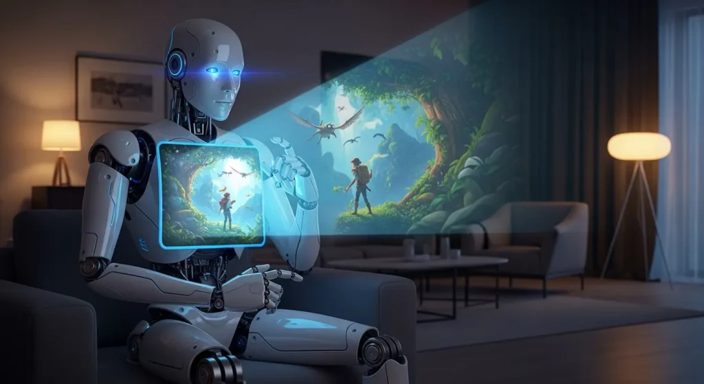 An AI robot projecting a story