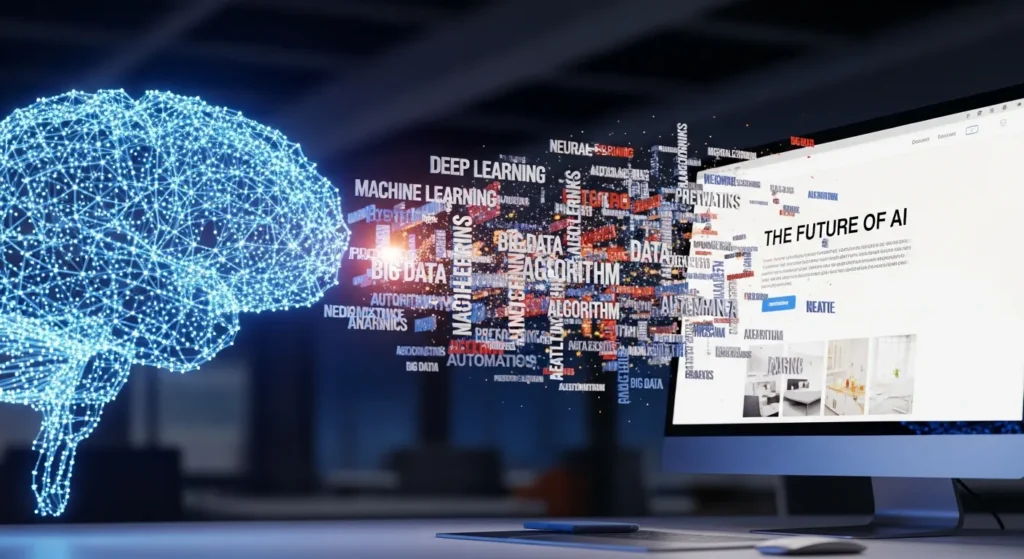 An AI system generates a lot of buzzwords flying off to a webpage