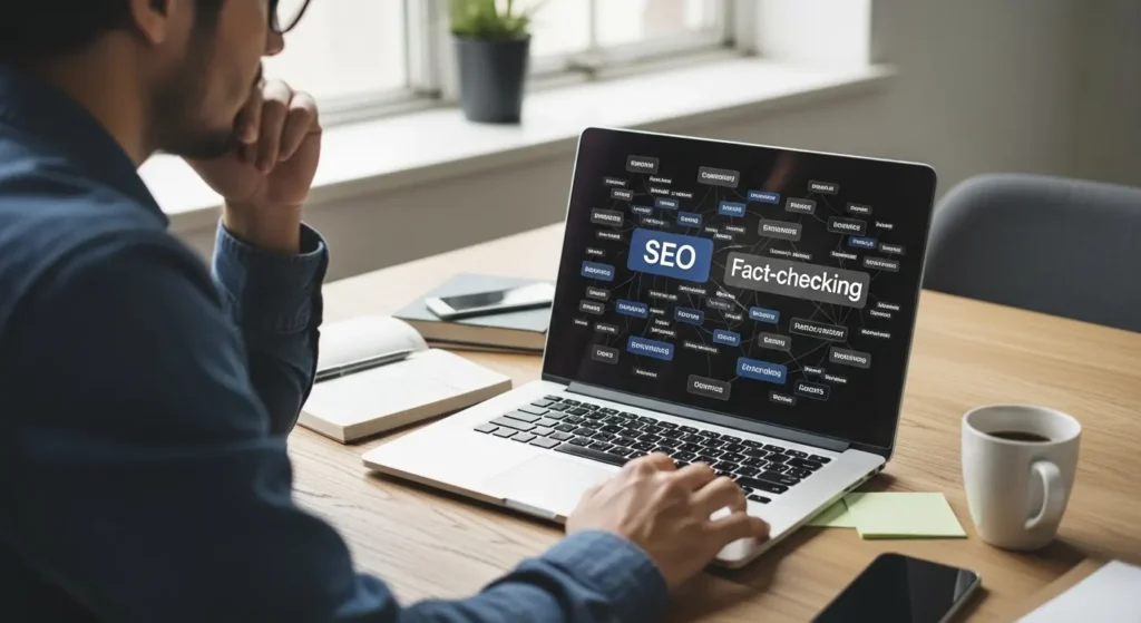 An editor fact checking ai-generated SEO content