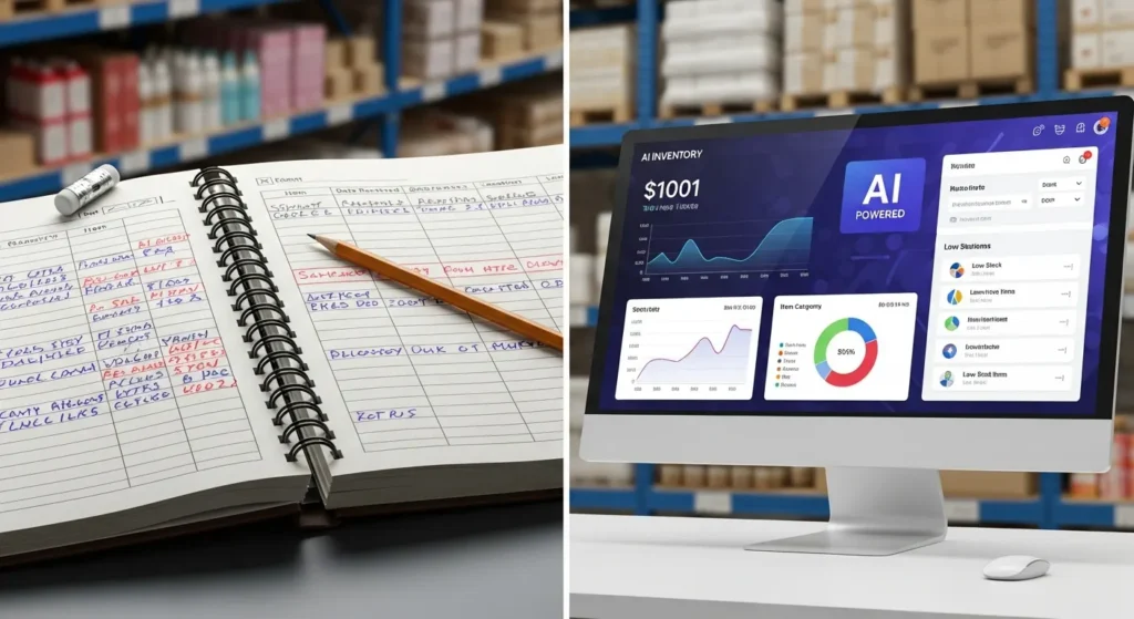 How Small Businesses Can Use AI for Inventory Management 3 Manual spreadsheet vs modern AI inventory management