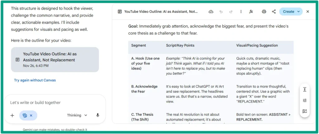 Structure Your Main Content Points for a YouTube video script using Google Gemini AI tool