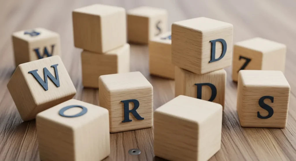 The letter of words scrambled in the form of wooden blocks