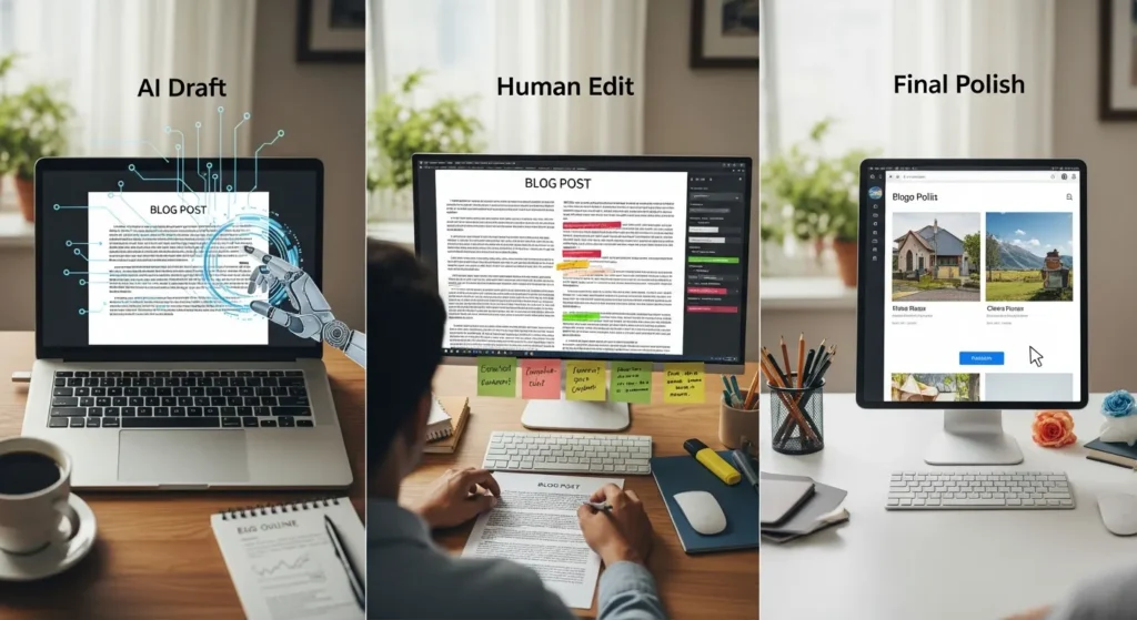 The process of publishing blog posts from AI draft to human edit to final polish