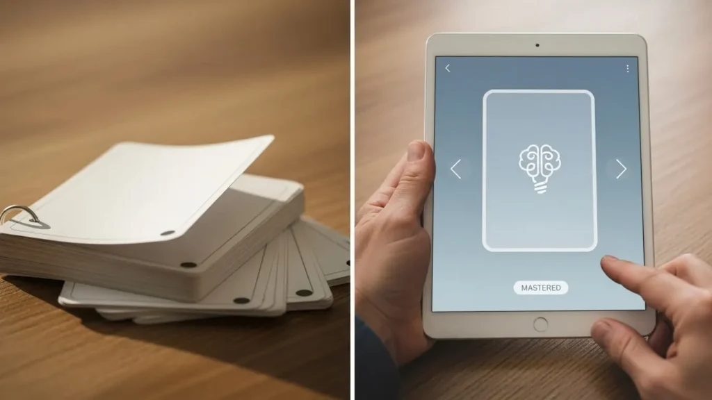 A bunch of paper-made flashcards vs digital flashcards