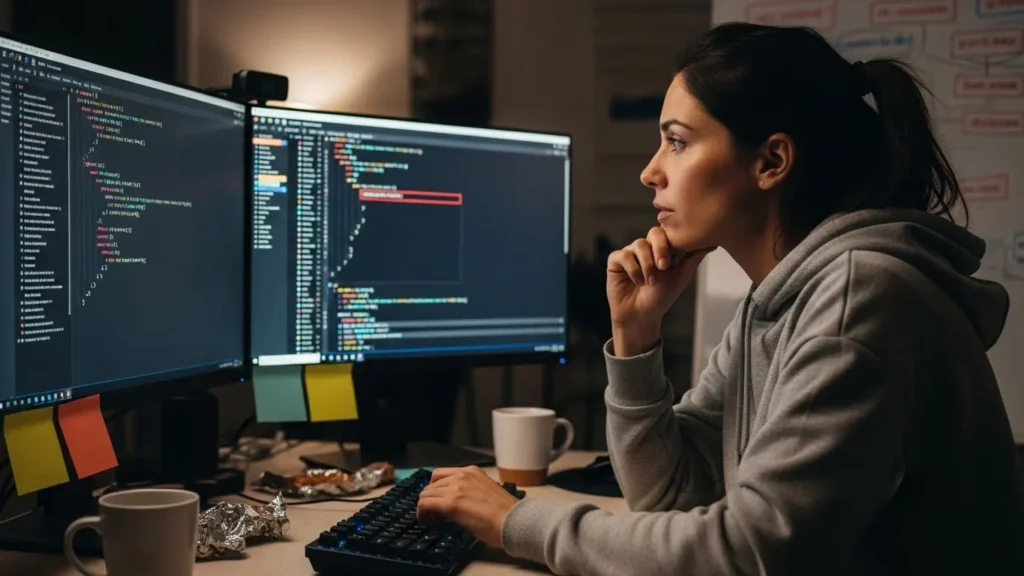 A female programmer trying to fix a Python error code