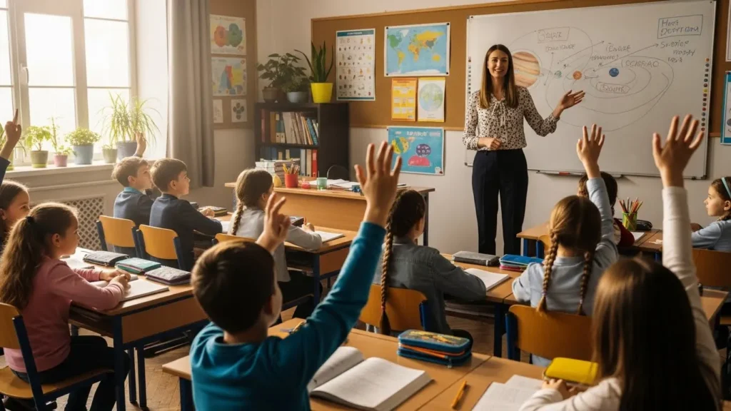 A female teacher in a class full of kids