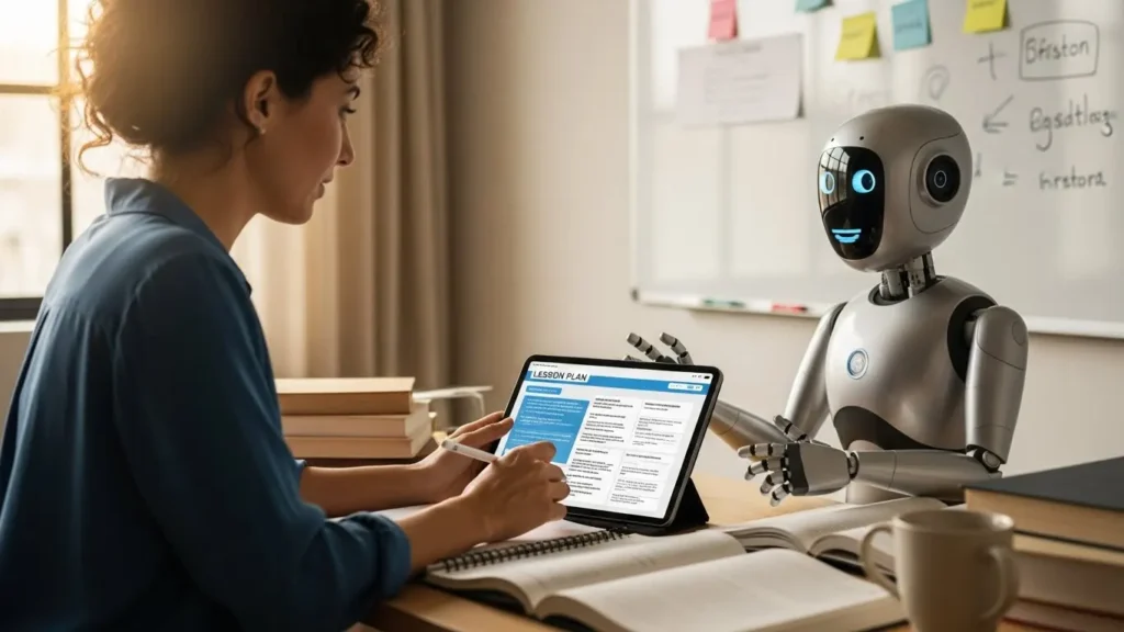 A female teacher who uses an AI robot to help her create a plan