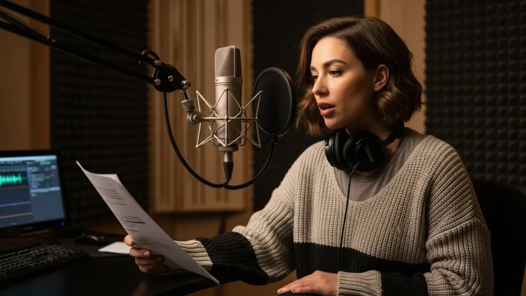 A female voice actor recording her voice via a microphone