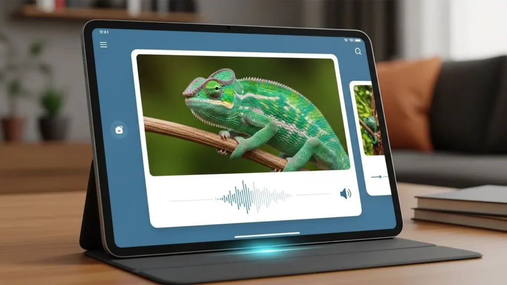 A flashcard app on a tablet which is visually appealing with image and voice