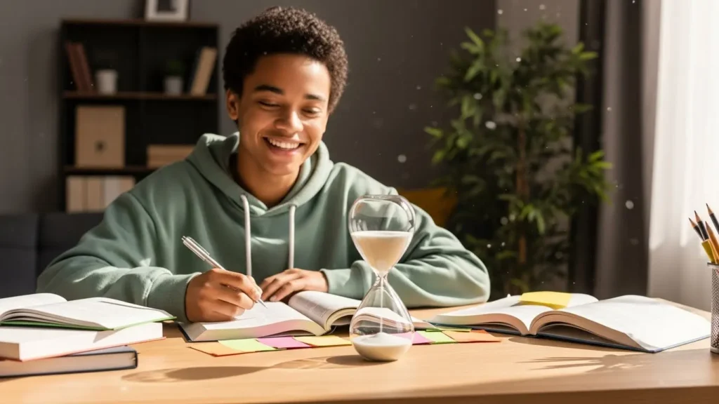 A happy student studying while the hourglass on the desk shows plenty of time