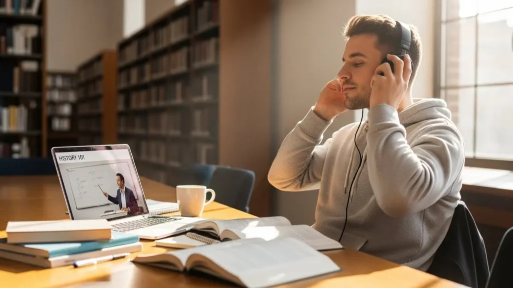 A male student putting on a headphone relaxed in the library listening to his teachers lecture