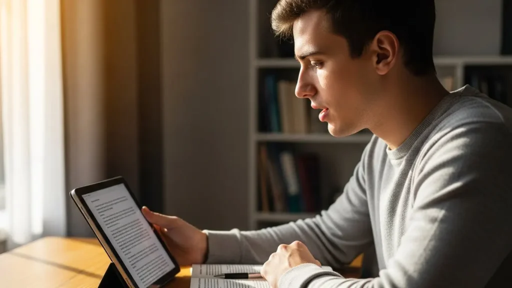 A male student reading a text out-loud in his tablet