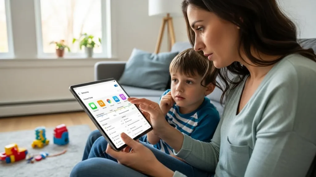 A parent checking the browser history and screen time on her young kid's tablet