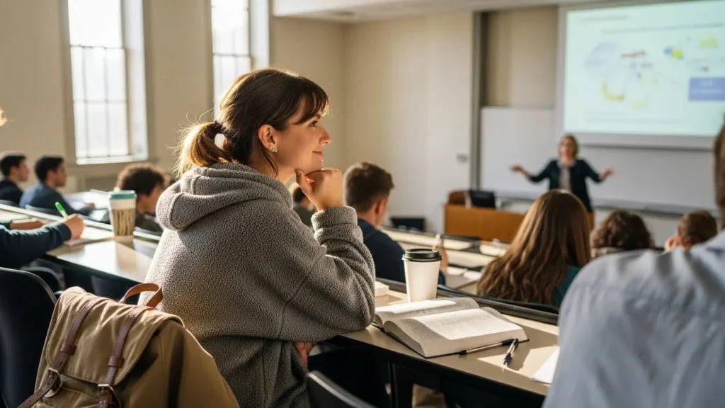 A relaxed female college student sitting in class at university listening to the teachers lecture