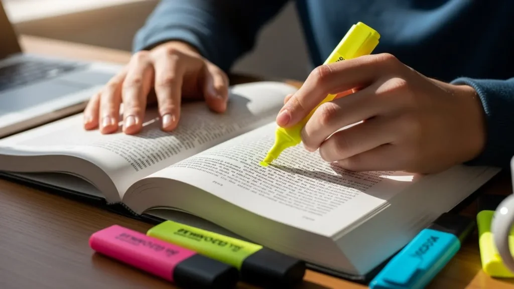 A student using highlighters to mark important lines in the book