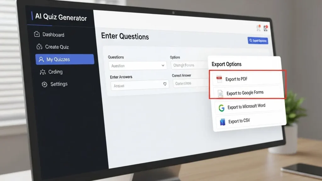 An AI quiz generator tool with an export functionality - PDF, Google Forms