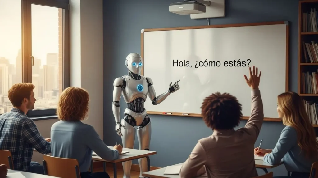 An AI robot teaching how to learn Spanish