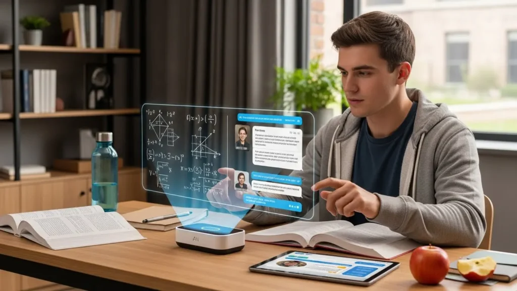 An AI tool helps a male student prep for his exam by suggestions and recommendations math problems