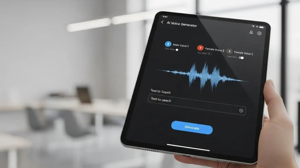 An AI voice generator app on a tablet
