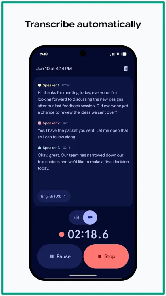 Google Recorder Android app for transcription features
