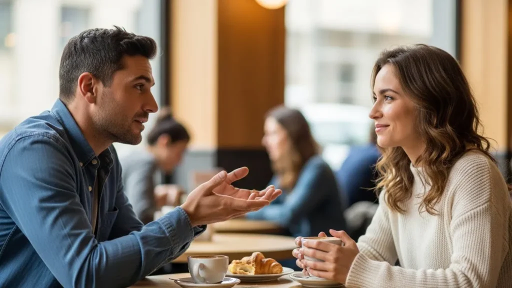 Two people one man one woman talking together