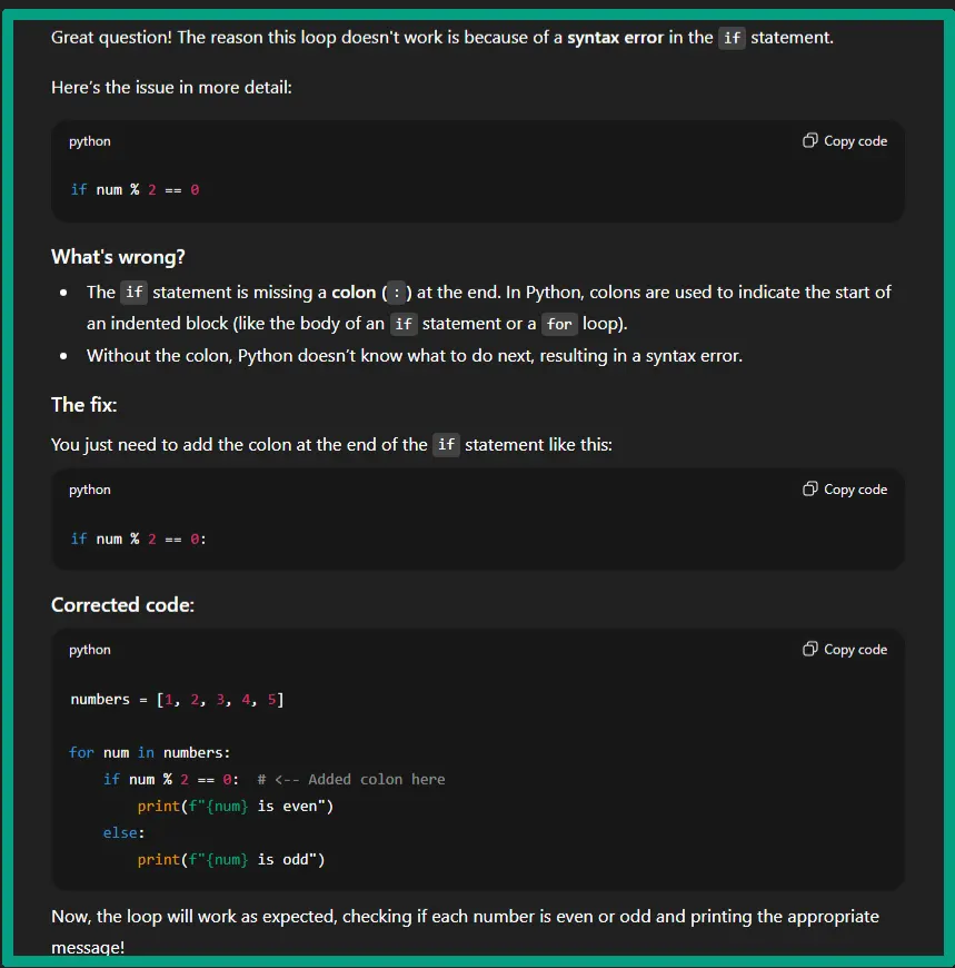 Using ChatGPT AI to fix an error in a Python loop code programming